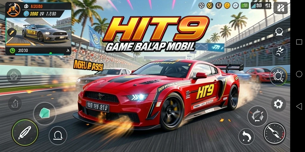 Screenshot utama HIT9 menampilkan aksi balap mobil yang mendebarkan.